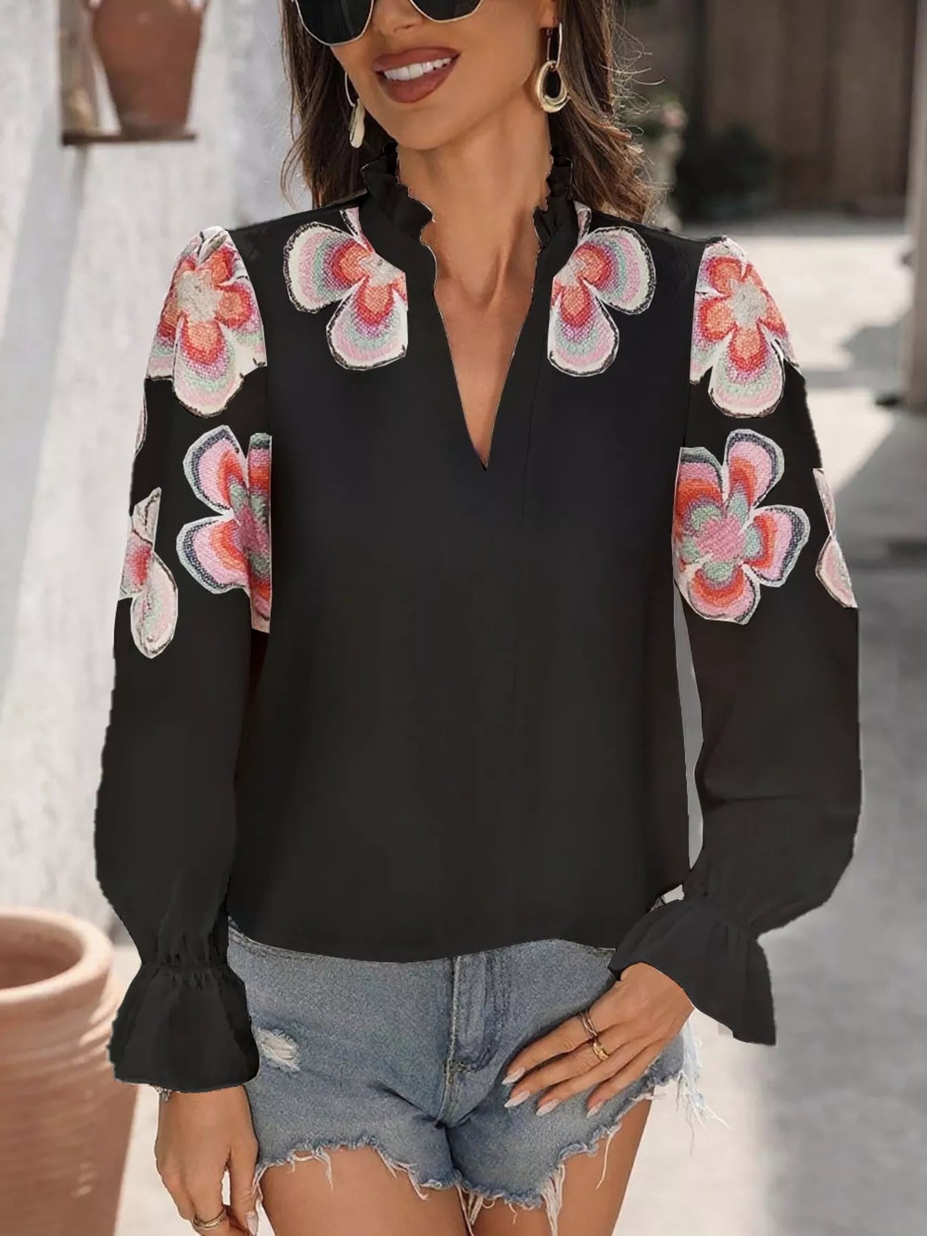 Sarah Express Women's Floral Embroidered Notched Long Sleeve Blouse Black