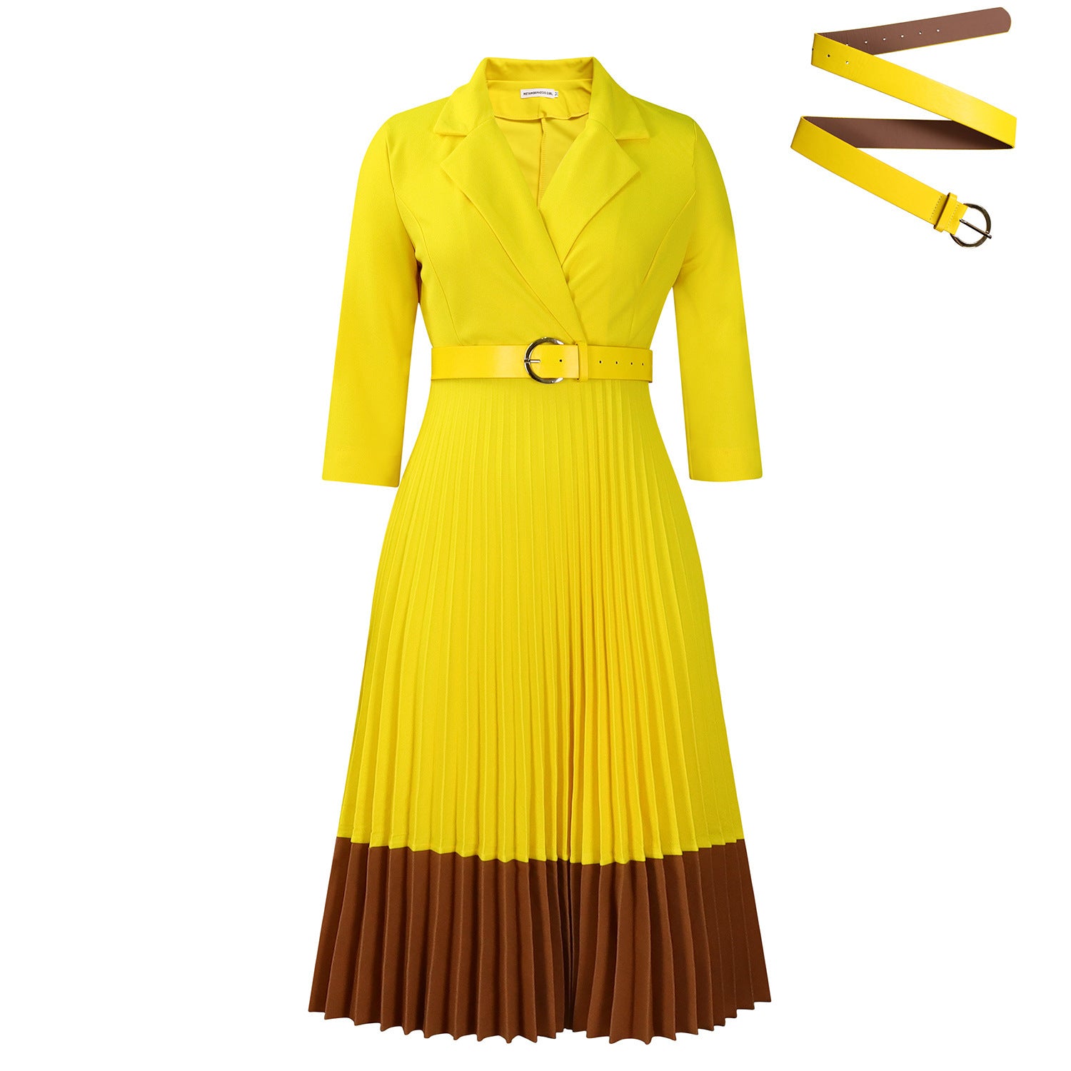 Women's Suit Collar Pleated A-Line Dress with Belt