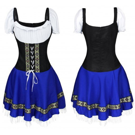 Women's French Maid Costume Halloween Dress Barmaid Uniform with Ribbon