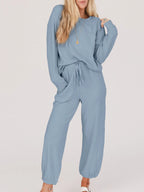 Sarah Express Women's Ribbed Round Neck Sweatshirt and Drawstring Pants Set