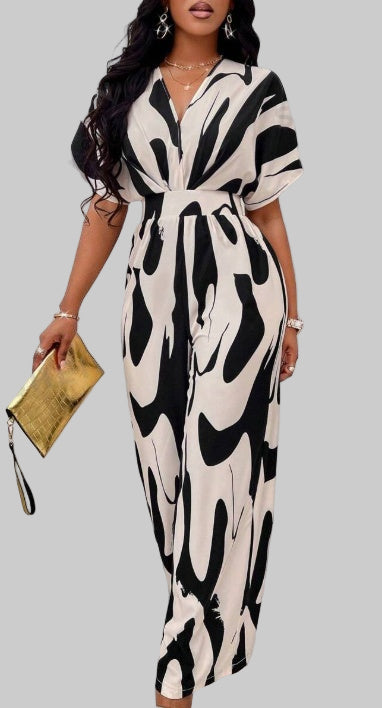 Women's Printed V-Neck Batwing Sleeve Jumpsuit Long Wide Leg One Piece