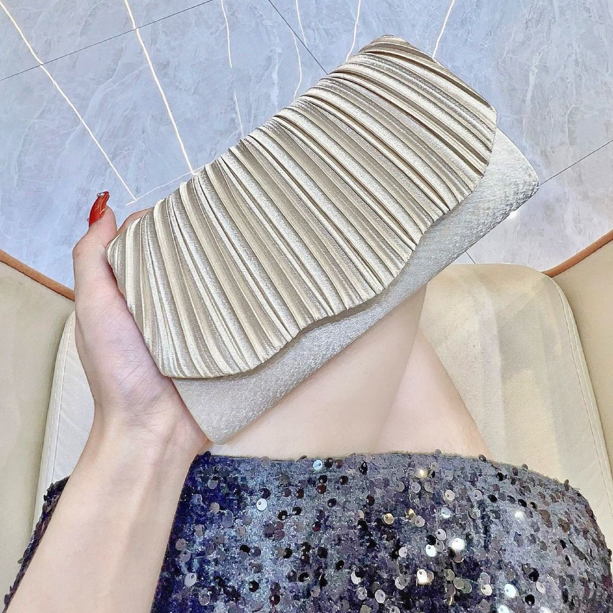 Sarah Express Elegant Satin Pleated Evening Clutch Bag - Cheongsam Style Formal Handbag with Hasp Lock Apricot Clutch