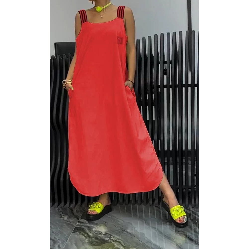 Women's Striped Cotton Linen Maxi Dress Sleeveless Shoulder Strap Dress with Pockets