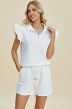 Sarah Express Women’s Plus Size Textured Flounce Sleeve Top and Shorts Set