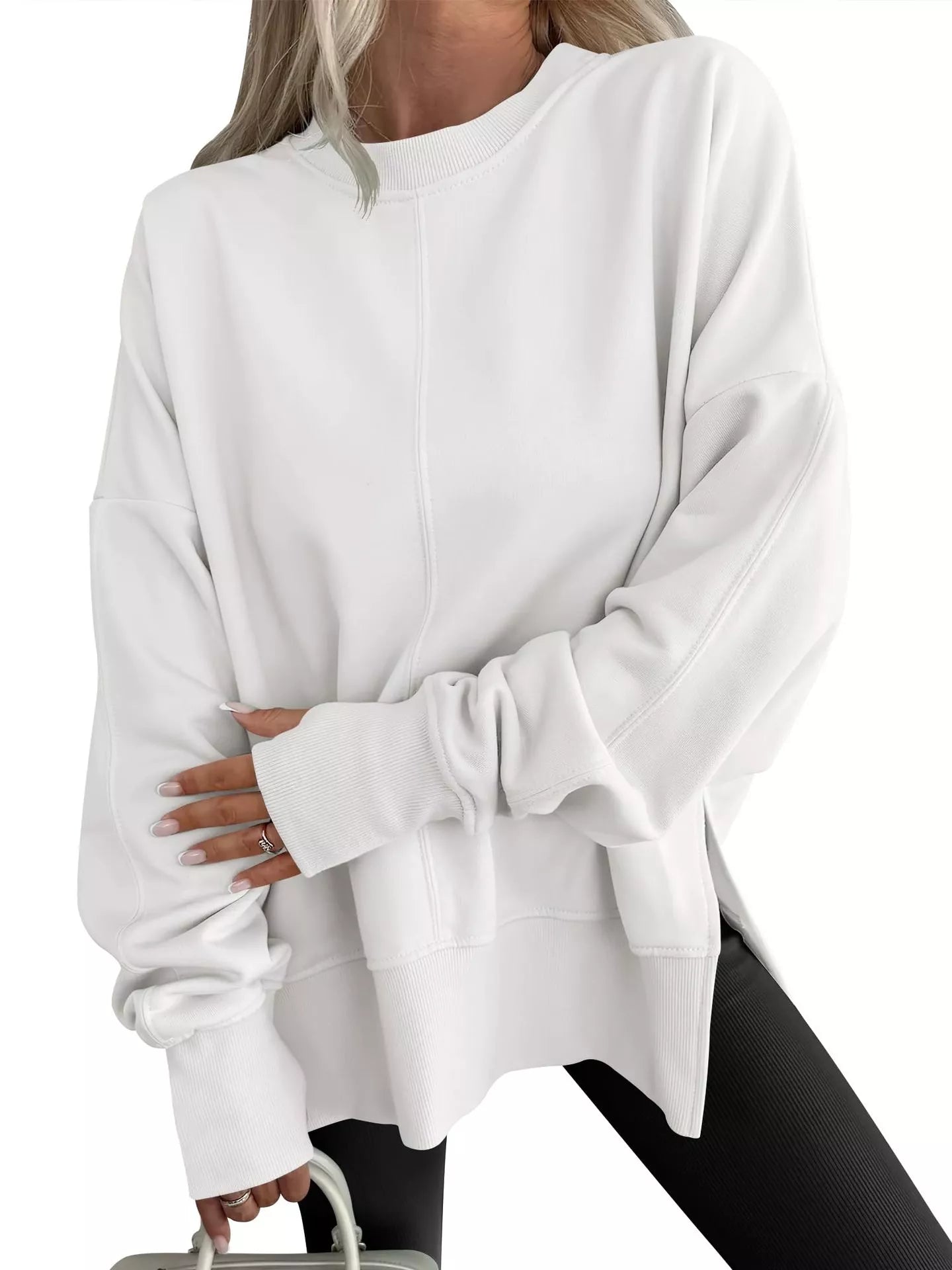 Sarah Express Women's Side Slit Round Neck Long Sleeve Sweatshirt White