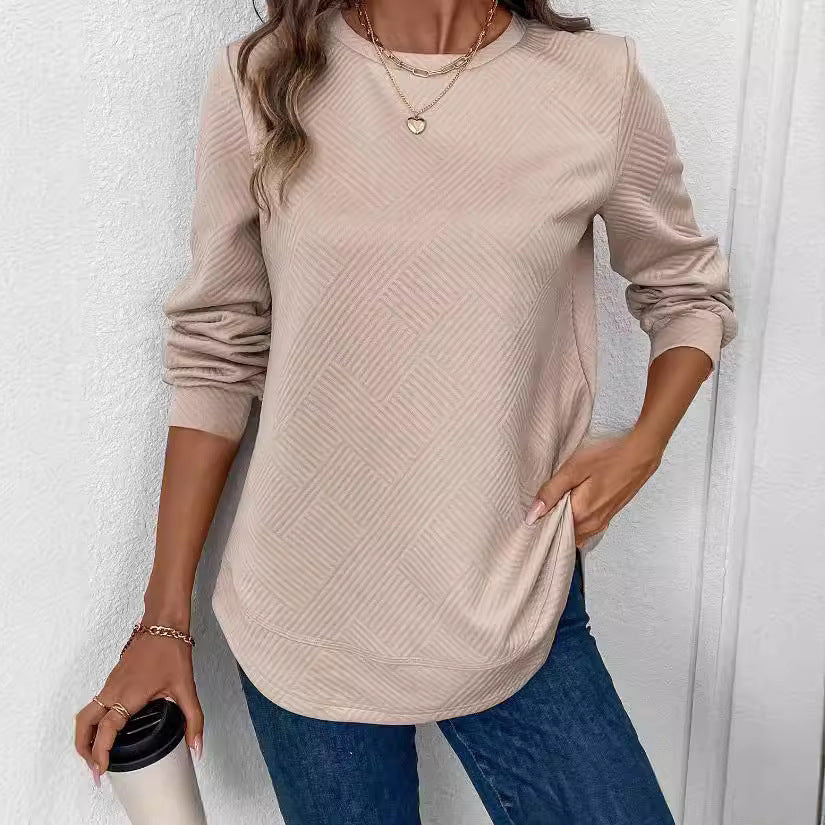 Women's Crew Neck Long Sleeve Casual Shirt Embossed Texture