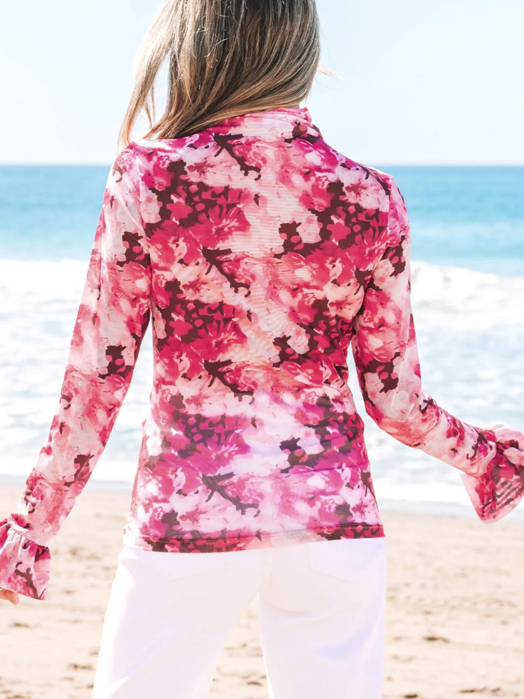 Sarah Express Women's Floral Mesh Flounce Sleeve Mock Neck Blouse