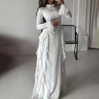 Women's High Waist Flared Sleeve Maxi Dress Round Neck Elegant Patchwork