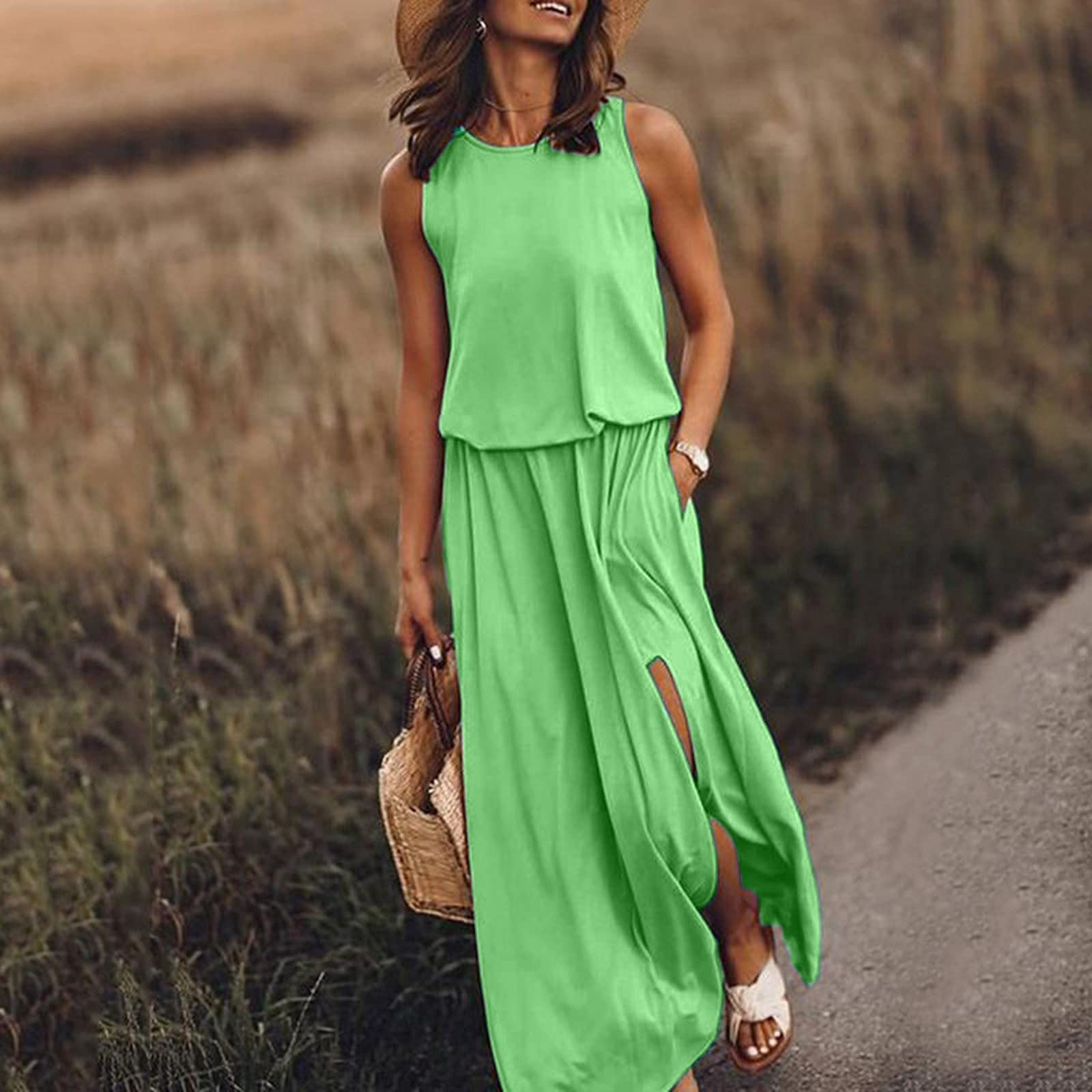Women's Sleeveless Round Neck Dress with Side Split Solid Color