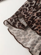 Sarah Express Women's Leopard Sheer Mesh Long Sleeve V Neck Lace-Up Blouse