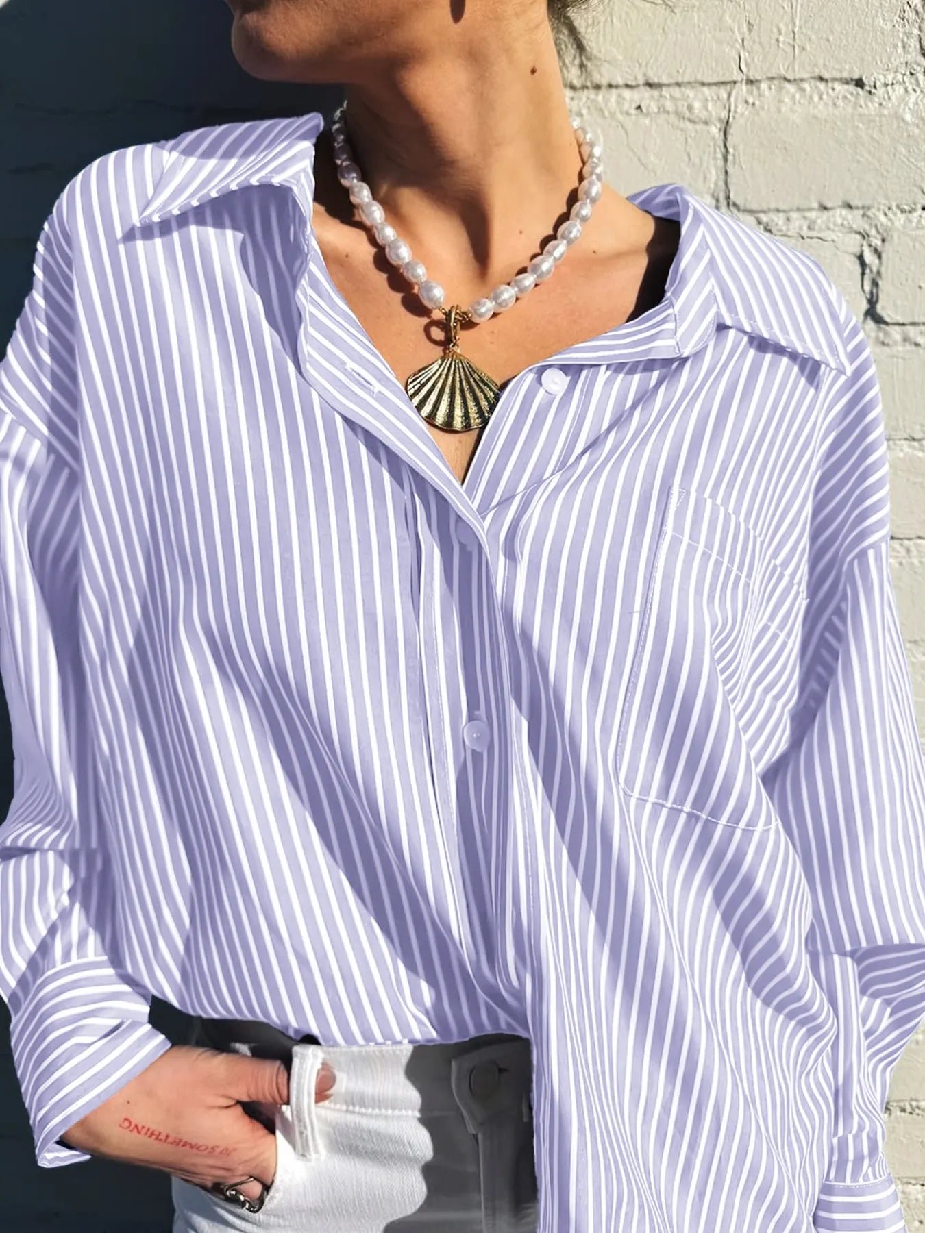 Sarah Express Women's Oversized Striped Button-Down Shirt Pink Purple