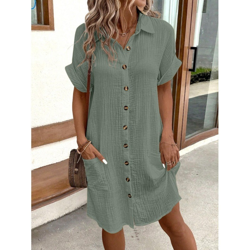 V-Neck Button Front Shirt Dress - A-Line Short Sleeve Women's Dress