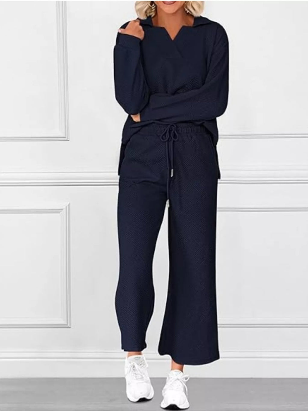 Sarah Express Women's Side Slit Textured Top and Drawstring Pants Set