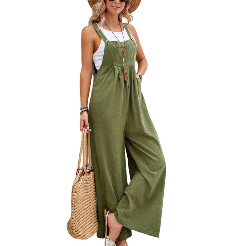Women's Solid Color Cotton Suspender Trousers Casual Overall Straight Leg Mid Waist with Pockets
