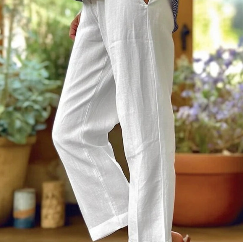 Women's Cotton Straight Leg Pants - Casual Mid-Waist Loose Fit Trousers
