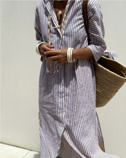 Women's Striped Shirt Dress Button Front Maxi with Belt