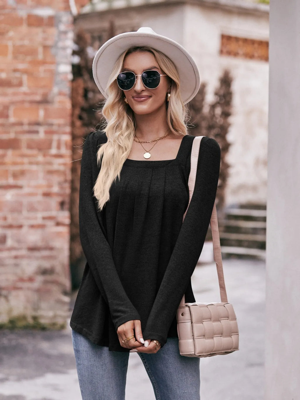 Sarah Express Women's Square Neck Long Sleeve T-Shirt - Ruched Design