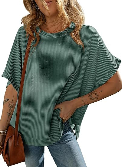 Solid Color Knitted T-Shirt Women's Half Sleeve Loose Casual Pullover Top