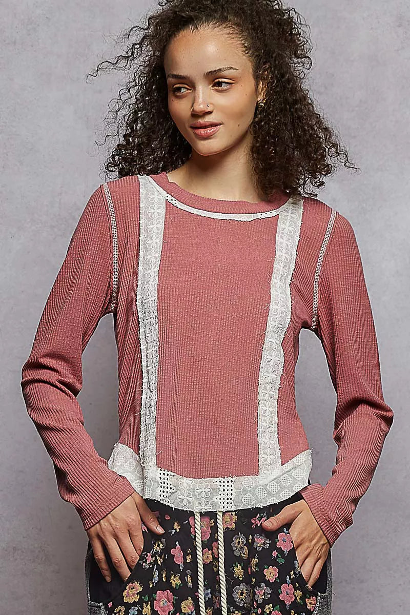 Sarah Express women’s long sleeve ribbed top with contrast cotton eyelet patches and raw edge details.