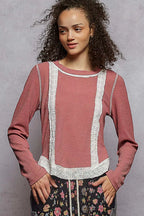 Sarah Express women’s long sleeve ribbed top with contrast cotton eyelet patches and raw edge details.
