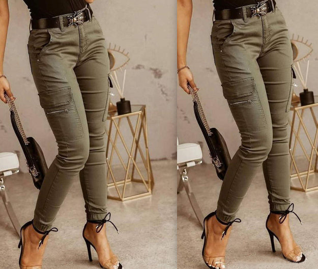 Women's Low Waist Cotton Blend Cargo Overalls Loose Fit Button Detail Trousers