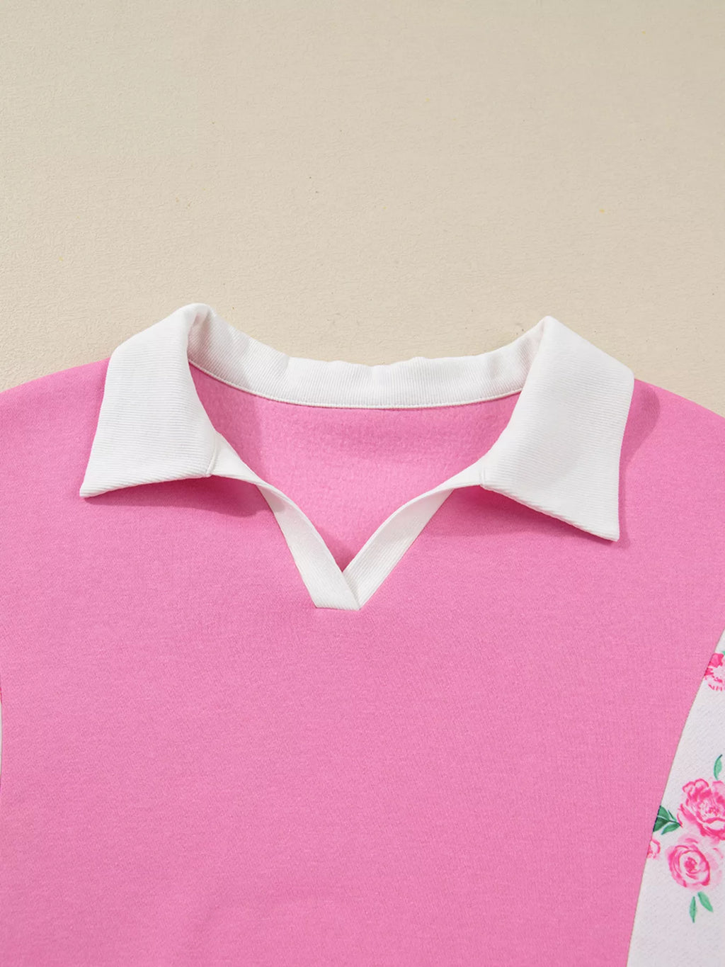 Sarah Express Women's Plus Size Contrast Polo Collar Floral Patchwork Long Sleeve Top