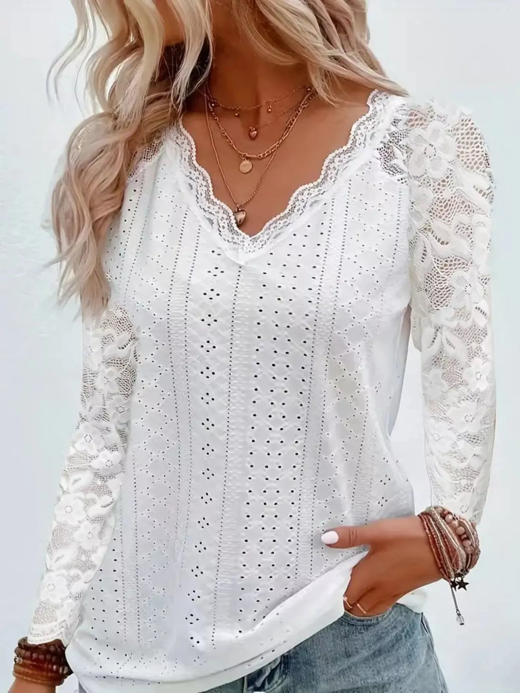 Sarah Express Women's Eyelet Lace Sleeve V-Neck Blouse Gray white