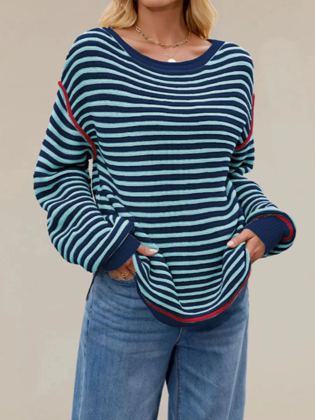 Sarah Express Women's Slit Striped Oversized Sweater