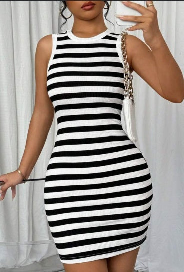 Women's Striped Rib Knit Bodycon Mini Dress Sleeveless Tank Style