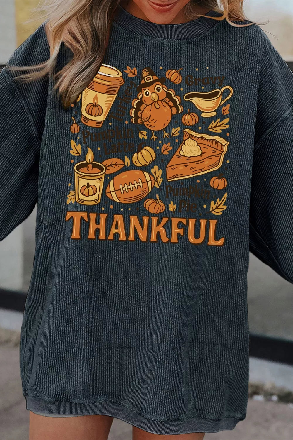 Sarah Express Women's Thankful Thanksgiving Graphic Long Sleeve Sweatshirt