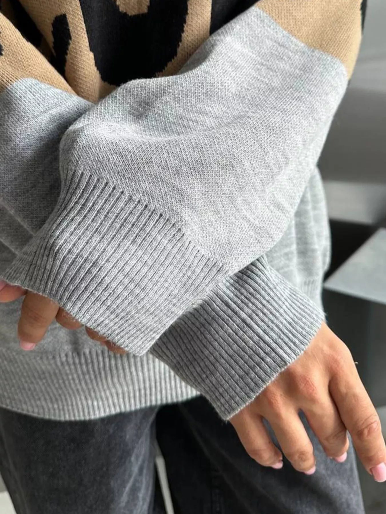 Sarah Express Women's Leopard Color Block Round Neck Sweater