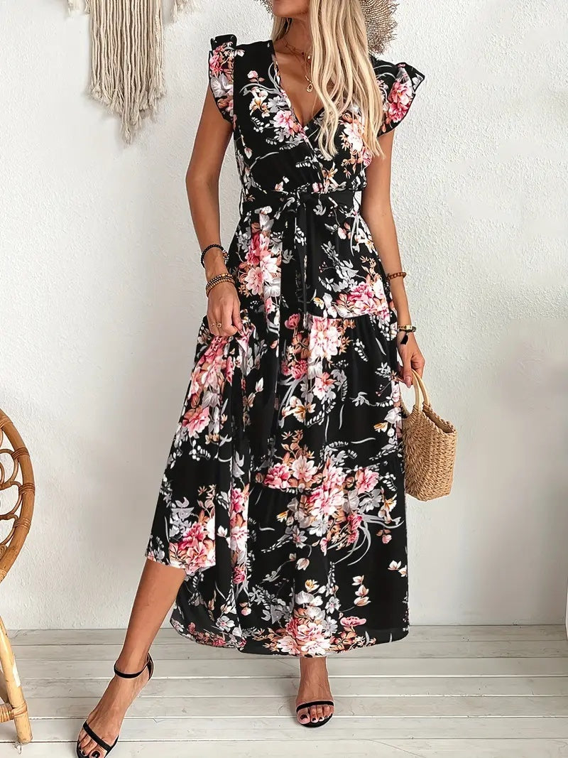 Women's Black Floral Print Dress Polyester