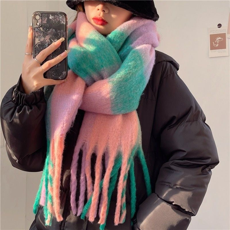 Rainbow Plaid Tassel Scarf Color Block Oversized Shawl Wrap