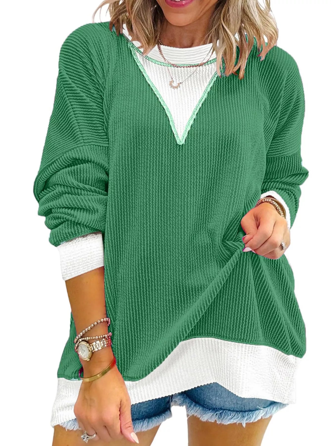 Sarah Express Women's Two-Tone Ribbed Knit Sweatshirt