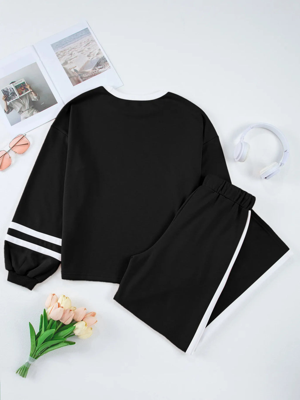 Sarah Express Women's Contrast Trim Round Neck Top and Pants Set