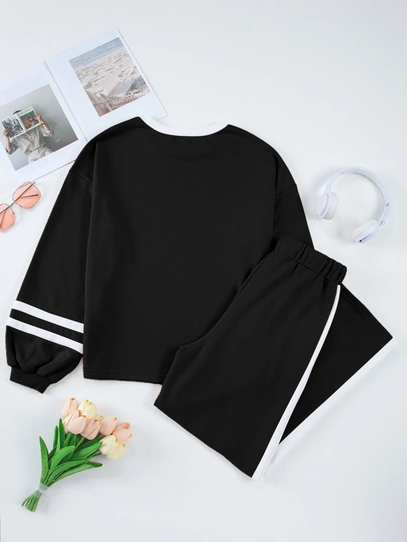 Sarah Express Women's Contrast Trim Round Neck Top and Pants Set