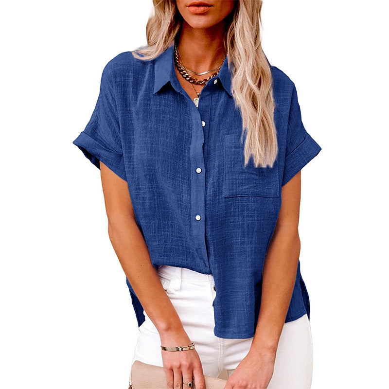 Women's Cotton Linen Short Sleeve Shirt Casual Button Up with Pockets