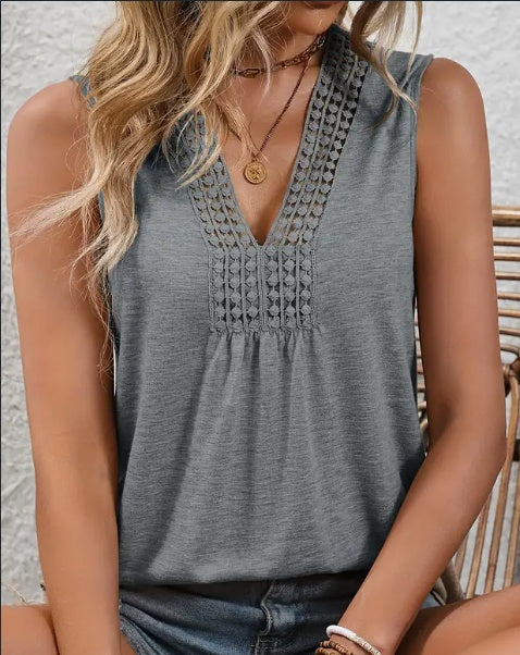 Women's Lace V-Neck Tank Top Pleated Sleeveless Flowy