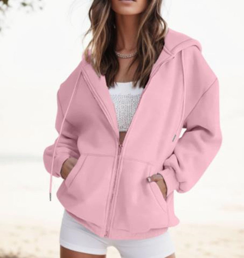 Women's Zip Up Hoodie Solid Color Drawstring Sweatshirt Casual Long Sleeve Fall Winter Top