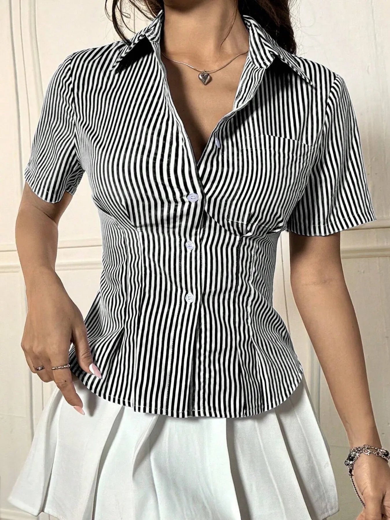 Sarah Express Women's Gingham Short Sleeve Button-Up Shirt