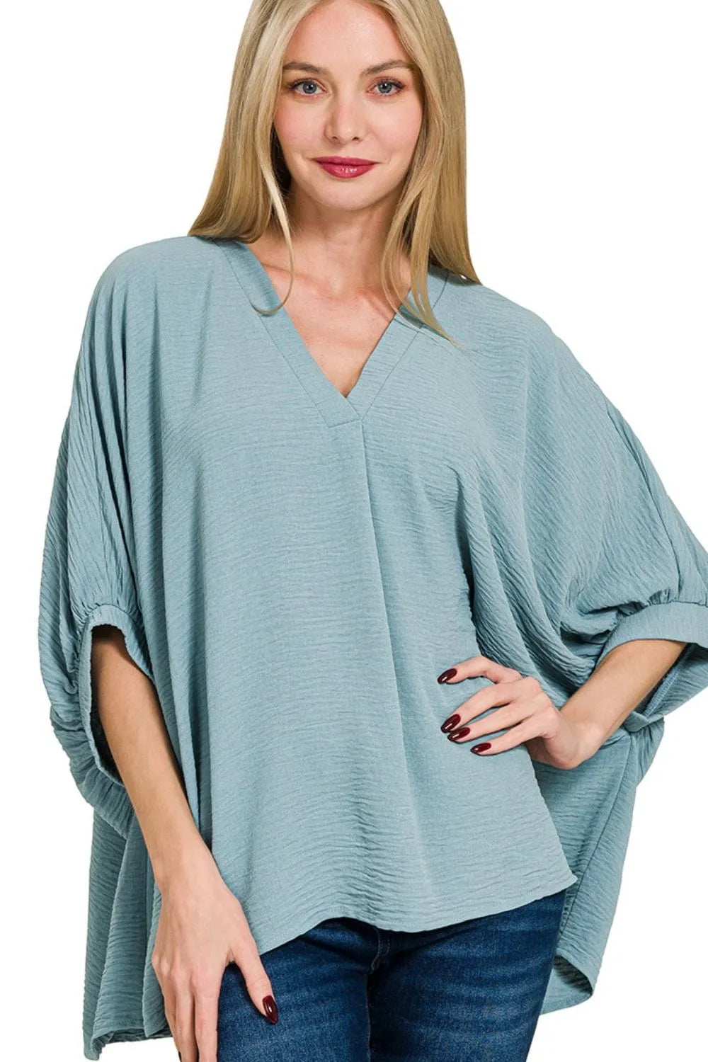 Sarah Express Women’s Oversized Airflow Blouse with V-Neck and Batwing Sleeves
