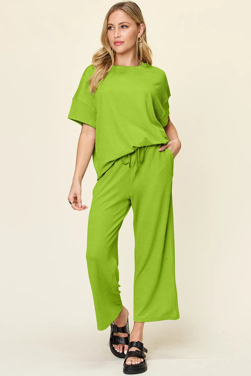 Sarah Express Women's Textured Round Neck T-Shirt and Wide Leg Pants Set Lime