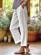 Women's Cotton Straight Leg Pants - Casual Mid-Waist Loose Fit Trousers