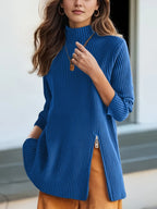 Sarah Express Women's Ribbed Turtleneck Sweater with Side Slit Detail Blue