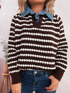 Sarah Express Women's Contrast Striped Sweater with Denim Collar - Openwork Knit Pullover