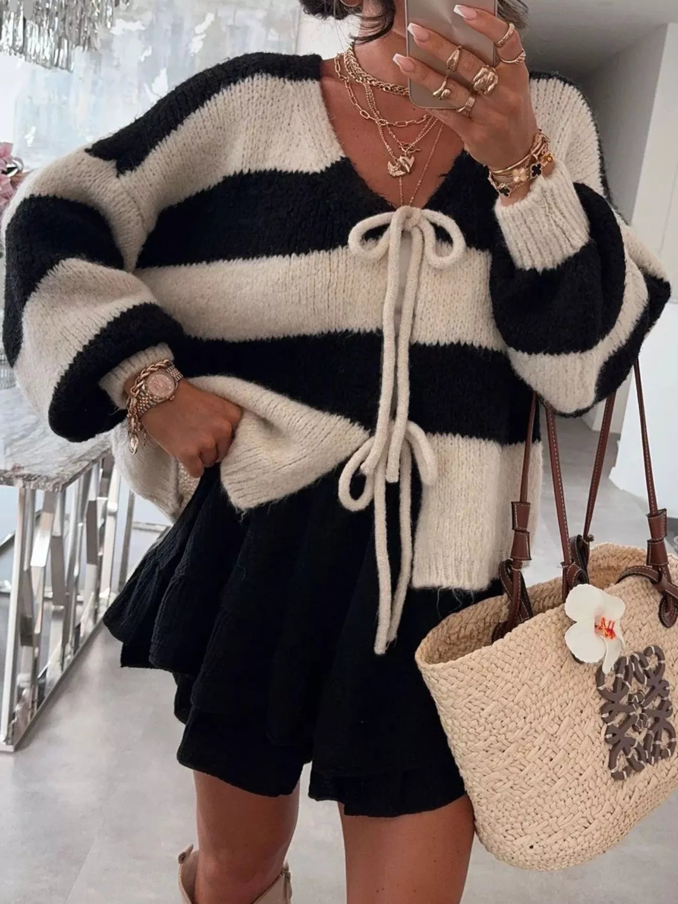 Sarah Express Women's Striped Tie-Front Knit Cardigan Black