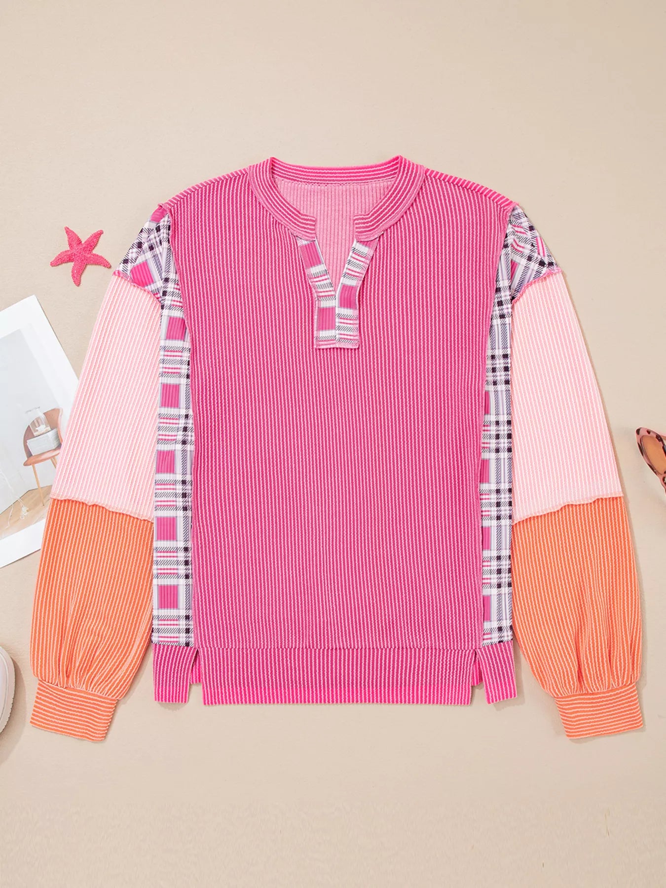 Sarah Express Women's Corded Texture Plaid Color Block Patchwork Split Neck Long Sleeve Top