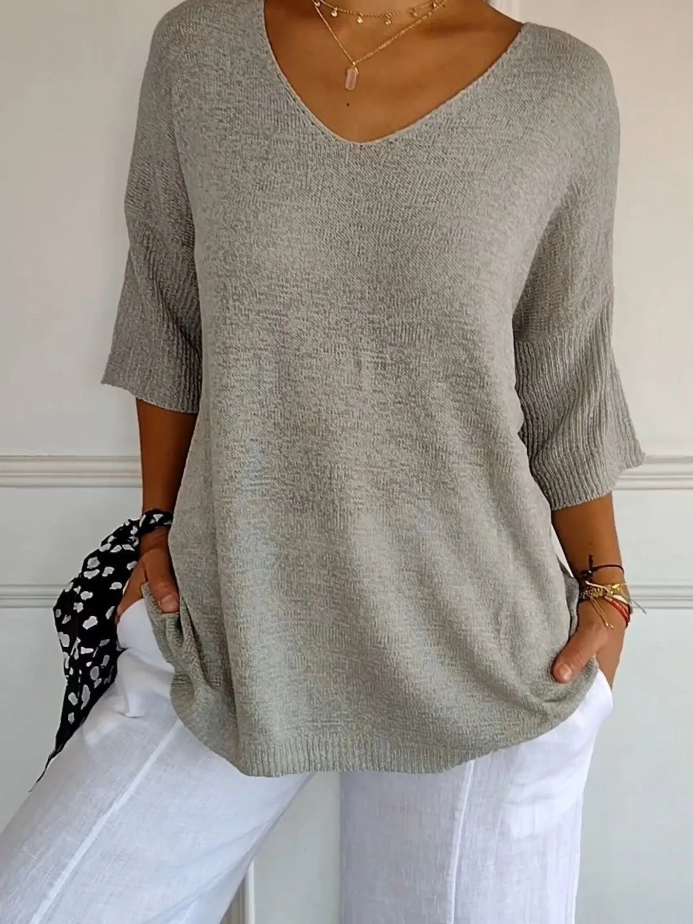 Sarah Express Women's Relaxed Fit Ribbed Hem Sweater Plus Size Gray