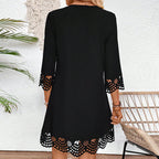 Lace Floral A-Line V-Neck Midi Dress Long Sleeve Pullover