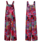 Women's Ethnic Print Jumpsuit Suspender Sleeveless Button Front